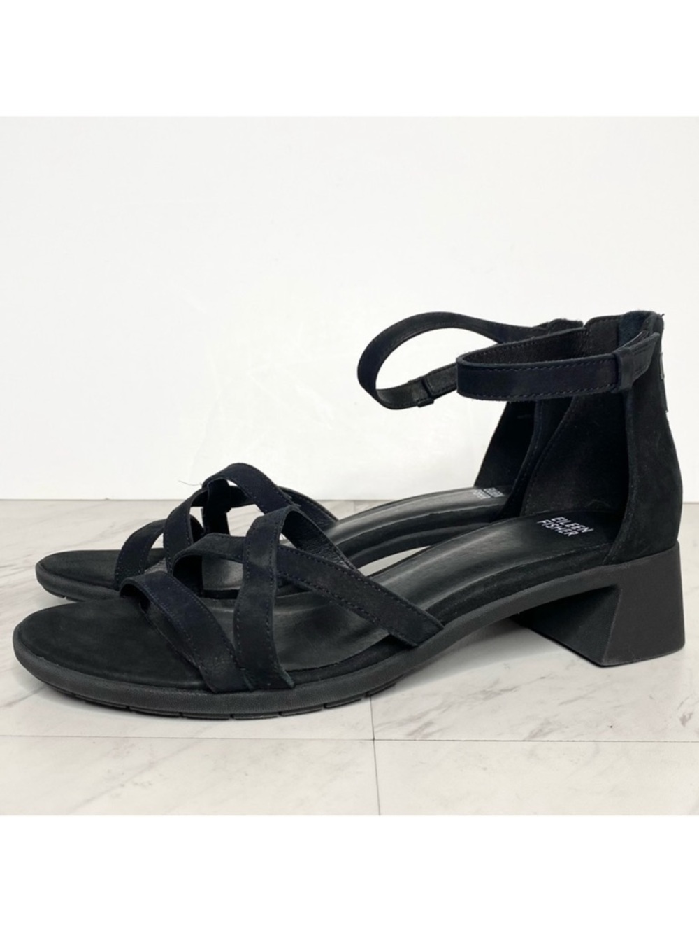 Eileen Fisher Noni Black Nubuck Heeled Sandal 9 1/2